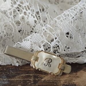 Vintage Monogram “R” Gold Tone Tie Clip – Mother of Pearl Inlay, Art Deco Style